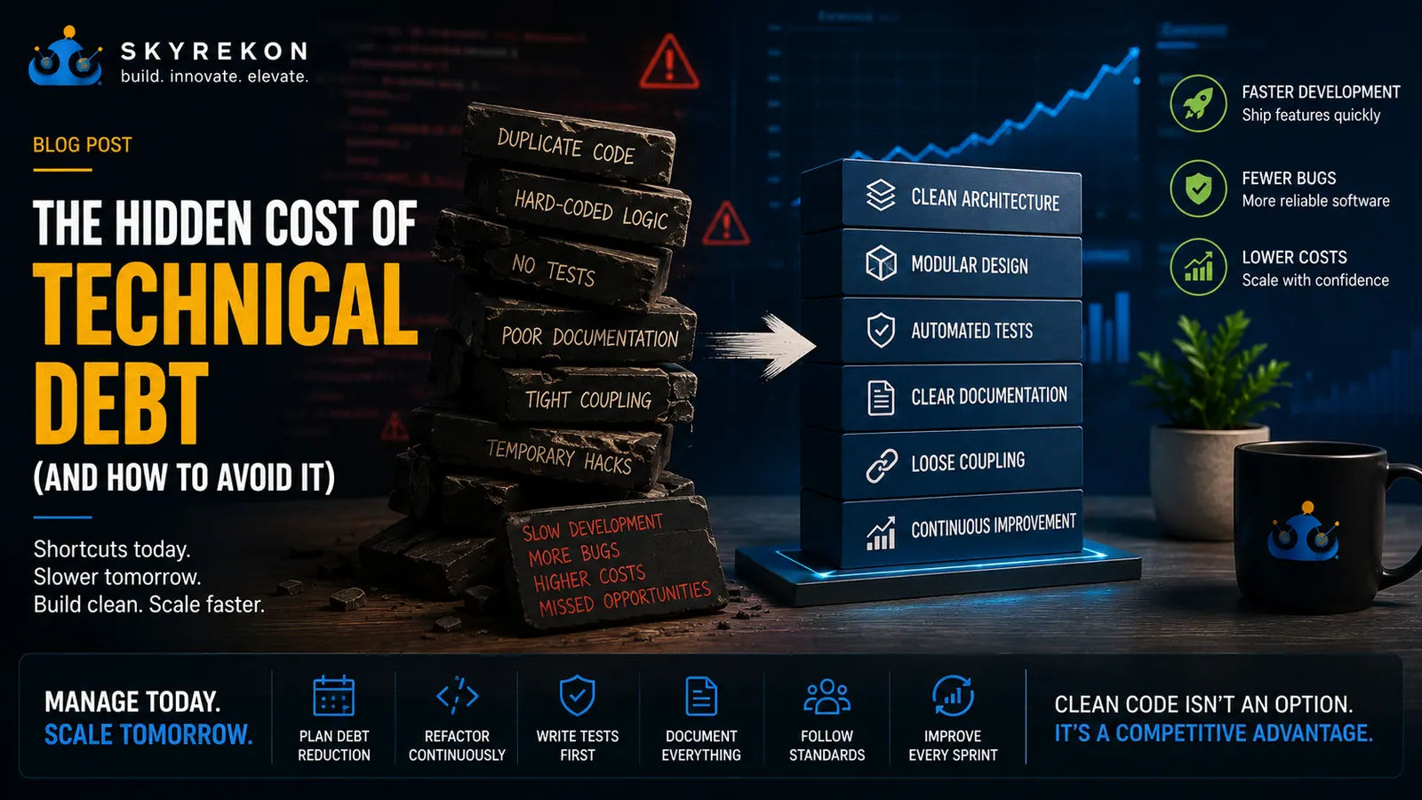 Technical debt visualized as unstable code blocks slowing product growth.